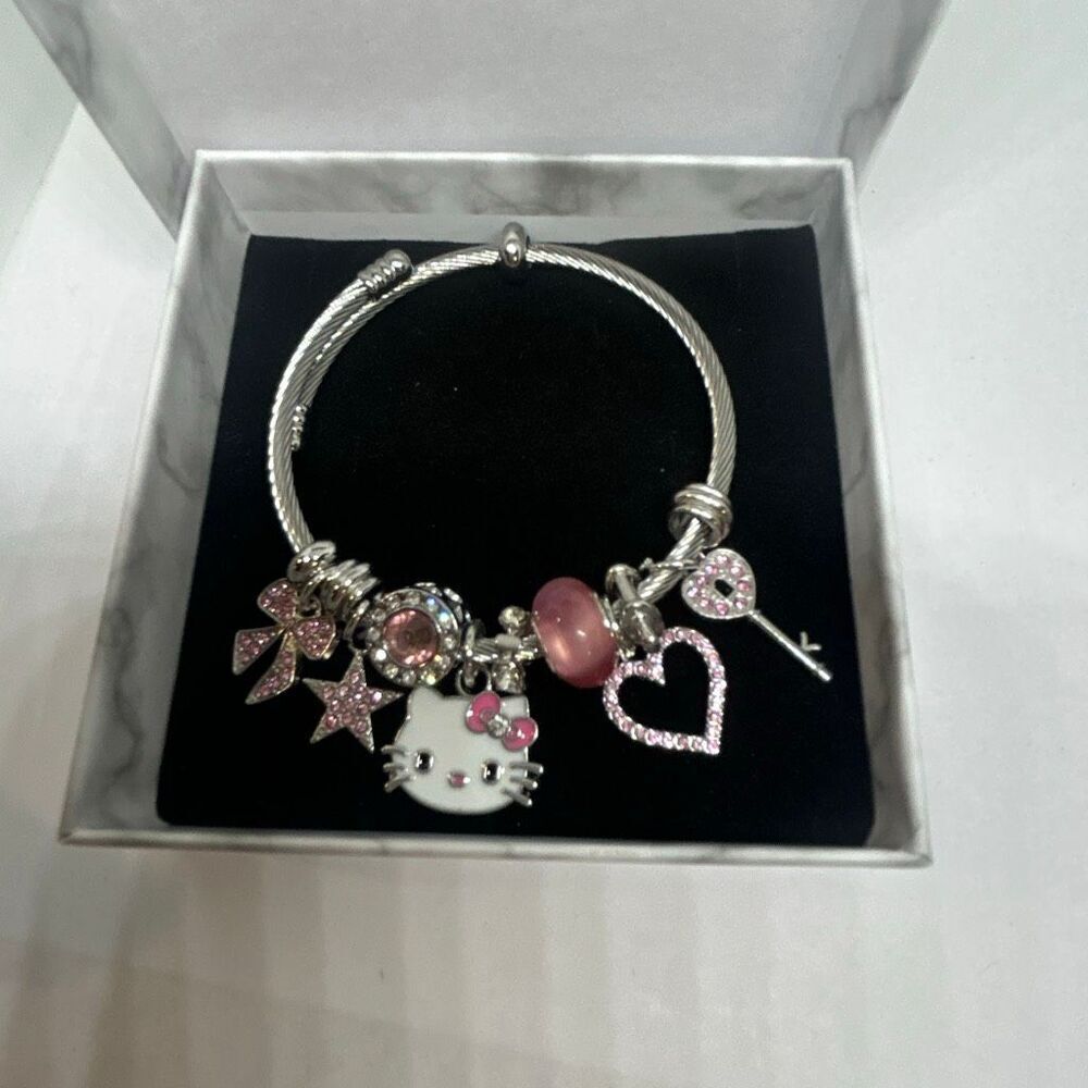 Hello Kitty Pink Charm Bracelet Silver Tone Rhinestone Bangle w/ Box NEW